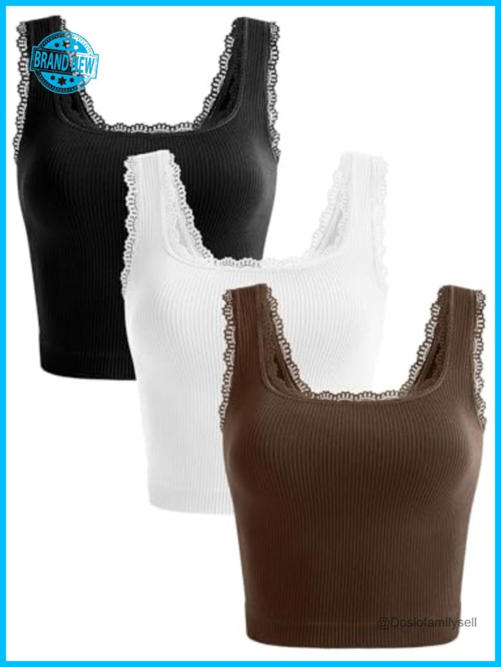Lace Trim Square Neck Ribbed Crop Tank Tops 3-Pack
